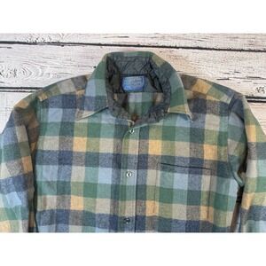 VTG Pendleton Shirt‎ Green Blue Beige Long Sleeve Virgin Wool Button Flannel M